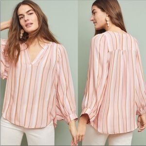 Anthropologie Maeve Byron Striped Blouse Split Neck Size M